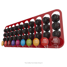 Red, magnetic Dolce Gusto coffee pod capsule holder with pre-installed neodymium magnets. Holds 40 pods in 10 rows.