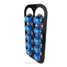 Black, magnetic Nespresso Vertuo line coffee pod capsule holder with pre-installed neodymium magnets. Holds 10 pods in 2 rows.