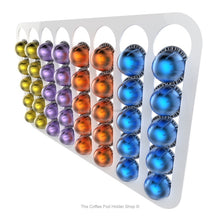 White, magnetic Nespresso Vertuo line coffee pod capsule holder with pre-installed neodymium magnets. Holds 40 pods in 8 rows.