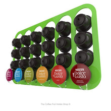 Lime, wall mounted, self adhesive Dolce Gusto coffee pod capsule holder. Holds 24 pods in 6 rows.