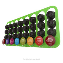 Lime, wall mounted, self adhesive Dolce Gusto coffee pod capsule holder. Holds 32 pods in 8 rows.