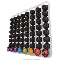 White, wall mounted, self adhesive Dolce Gusto coffee pod capsule holder. Holds 64 pods in 8 rows.