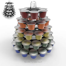 Nespresso original line coffee pod tower stand with rotating rings, shown in black acrylic