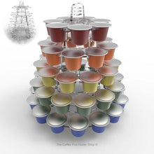 Nespresso original line coffee pod tower stand with rotating rings, shown in clear acrylic