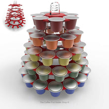 Nespresso original line coffee pod tower stand with rotating rings, shown in red acrylic