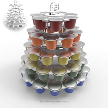 Nespresso original line coffee pod tower stand with rotating rings, shown in white acrylic
