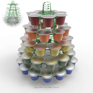 Nespresso original line coffee pod tower stand with rotating rings, shown in glass effect acrylic