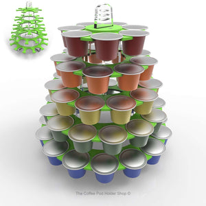 Nespresso original line coffee pod tower stand with rotating rings, shown in lime acrylic