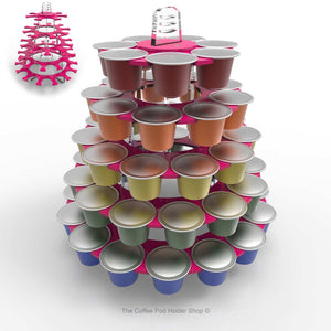 Nespresso original line coffee pod tower stand with rotating rings, shown in pink acrylic