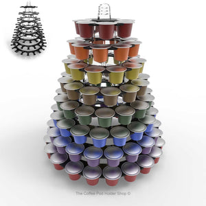 Nespresso original line coffee capsule tower stand with rotating rings, shown in black acrylic