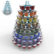 Nespresso original line coffee capsule tower stand with rotating rings, shown in cool blue tint acrylic