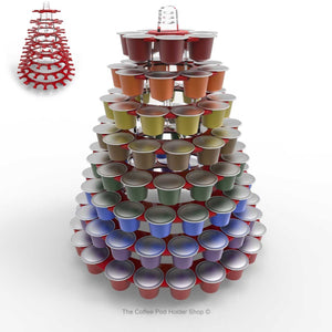 Nespresso original line coffee capsule tower stand with rotating rings, shown in red acrylic