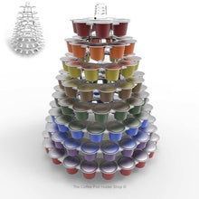 Nespresso original line coffee capsule tower stand with rotating rings, shown in white acrylic