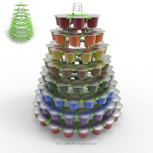 Nespresso original line coffee capsule tower stand with rotating rings, shown in lime acrylic