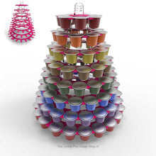 Nespresso original line coffee capsule tower stand with rotating rings, shown in pink acrylic