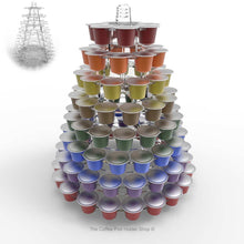 Nespresso original line coffee capsule tower stand with rotating rings, shown in clear acrylic