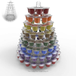 Nespresso original line coffee capsule tower stand with rotating rings, shown in clear acrylic