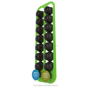 Lime, magnetic Dolce Gusto coffee pod capsule holder with pre-installed neodymium magnets. Holds 16 pods in 2 rows.
