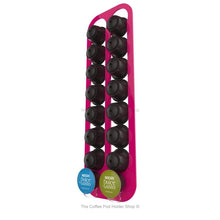 Pink, magnetic Dolce Gusto coffee pod capsule holder with pre-installed neodymium magnets. Holds 16 pods in 2 rows.