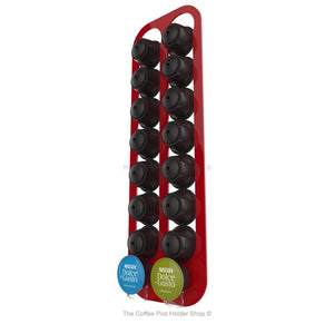Red, magnetic Dolce Gusto coffee pod capsule holder with pre-installed neodymium magnets. Holds 16 pods in 2 rows.