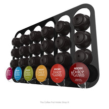 Black, magnetic Dolce Gusto coffee pod capsule holder with pre-installed neodymium magnets. Holds 24 pods in 6 rows.