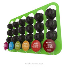 Lime, magnetic Dolce Gusto coffee pod capsule holder with pre-installed neodymium magnets. Holds 24 pods in 6 rows.