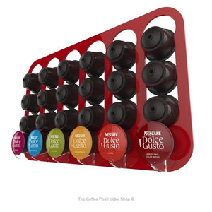Red, magnetic Dolce Gusto coffee pod capsule holder with pre-installed neodymium magnets. Holds 24 pods in 6 rows.