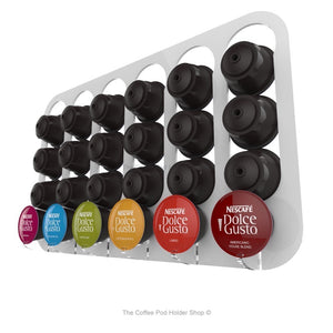 White, magnetic Dolce Gusto coffee pod capsule holder with pre-installed neodymium magnets. Holds 24 pods in 6 rows.