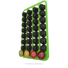 Lime, magnetic Dolce Gusto coffee pod capsule holder with pre-installed neodymium magnets. Holds 32 pods in 4 rows.