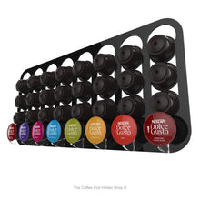 Black, magnetic Dolce Gusto coffee pod capsule holder with pre-installed neodymium magnets. Holds 32 pods in 8 rows.
