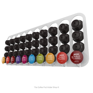 White, magnetic Dolce Gusto coffee pod capsule holder with pre-installed neodymium magnets. Holds 40 pods in 10 rows.