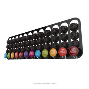 Black, magnetic Dolce Gusto coffee pod capsule holder with pre-installed neodymium magnets. Holds 48 pods in 12 rows.