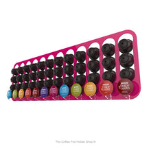Pink, magnetic Dolce Gusto coffee pod capsule holder with pre-installed neodymium magnets. Holds 48 pods in 12 rows.