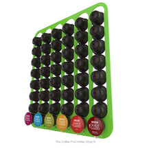 Lime, magnetic Dolce Gusto coffee pod capsule holder with pre-installed neodymium magnets. Holds 48 pods in 6 rows.