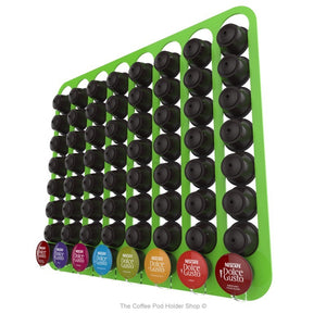 Lime, magnetic Dolce Gusto coffee pod capsule holder with pre-installed neodymium magnets. Holds 64 pods in 8 rows.