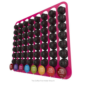 Pink, magnetic Dolce Gusto coffee pod capsule holder with pre-installed neodymium magnets. Holds 64 pods in 8 rows.