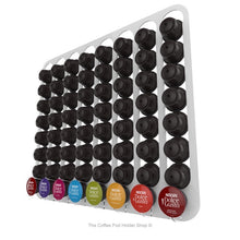 White, magnetic Dolce Gusto coffee pod capsule holder with pre-installed neodymium magnets. Holds 64 pods in 8 rows.