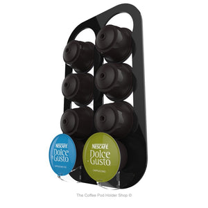 Black, magnetic Dolce Gusto coffee pod capsule holder with pre-installed neodymium magnets. Holds 8 pods in 2 rows.