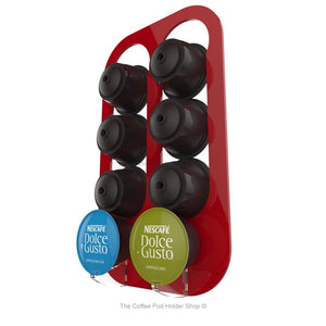 Red, magnetic Dolce Gusto coffee pod capsule holder with pre-installed neodymium magnets. Holds 8 pods in 2 rows.