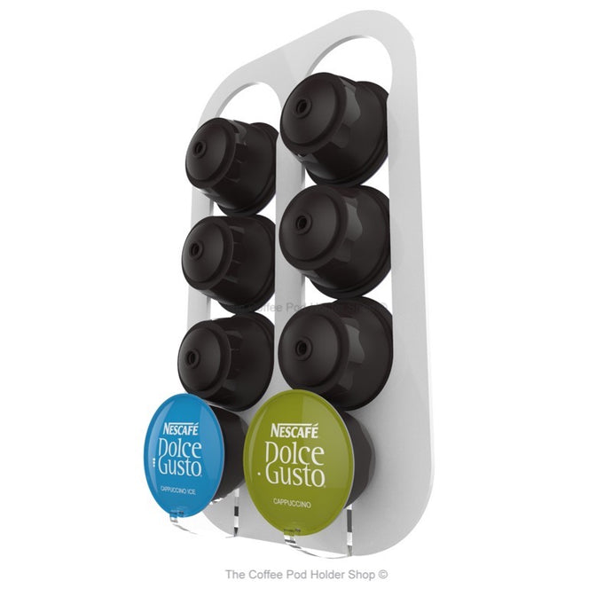 White, magnetic Dolce Gusto coffee pod capsule holder with pre-installed neodymium magnets. Holds 8 pods in 2 rows.