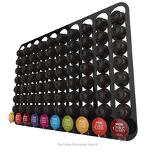 Black, magnetic Dolce Gusto coffee pod capsule holder with pre-installed neodymium magnets. Holds 80 pods in 10 rows.