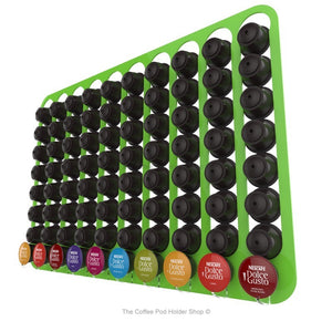 Lime, magnetic Dolce Gusto coffee pod capsule holder with pre-installed neodymium magnets. Holds 80 pods in 10 rows.