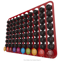 Red, magnetic Dolce Gusto coffee pod capsule holder with pre-installed neodymium magnets. Holds 80 pods in 10 rows.