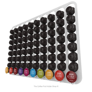 White, magnetic Dolce Gusto coffee pod capsule holder with pre-installed neodymium magnets. Holds 80 pods in 10 rows.
