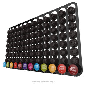 Black, magnetic Dolce Gusto coffee pod capsule holder with pre-installed neodymium magnets. Holds 96 pods in 12 rows.