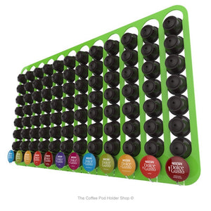 Lime, magnetic Dolce Gusto coffee pod capsule holder with pre-installed neodymium magnets. Holds 96 pods in 12 rows.