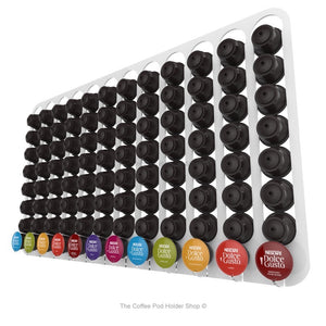 White, magnetic Dolce Gusto coffee pod capsule holder with pre-installed neodymium magnets. Holds 96 pods in 12 rows.