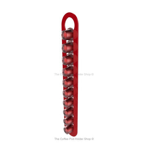 Red, magnetic Nespresso original line coffee pod capsule holder with pre-installed neodymium magnets. Holds 10 pods in 1 row.
