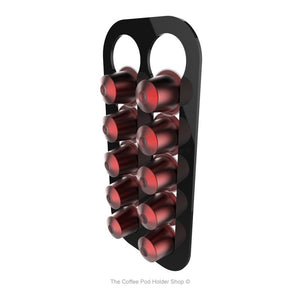 Black, magnetic Nespresso original line coffee pod capsule holder with pre-installed neodymium magnets. Holds 10 pods in 2 rows.