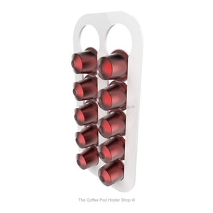 White, magnetic Nespresso original line coffee pod capsule holder with pre-installed neodymium magnets. Holds 10 pods in 2 rows.